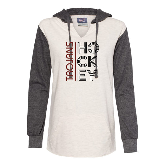 New Prague Fan Apparel Women’s French Terry Hooded Pullover with Colorblocked Sleeves (Retro)