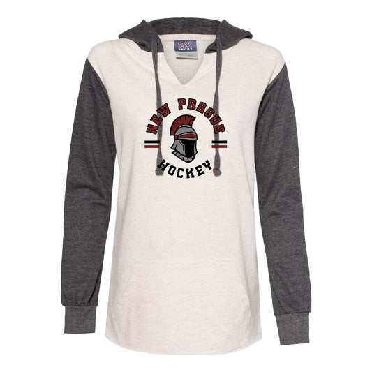 New Prague Fan Apparel Women’s French Terry Hooded Pullover with Colorblocked Sleeves (Mascot)