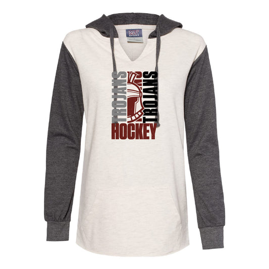 New Prague Fan Apparel Women’s French Terry Hooded Pullover with Colorblocked Sleeves (Trojans)